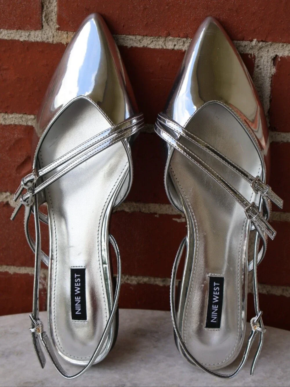 Nine West Beley Silver Strappy Pointed Toe Slingback Dress Flats. 9M